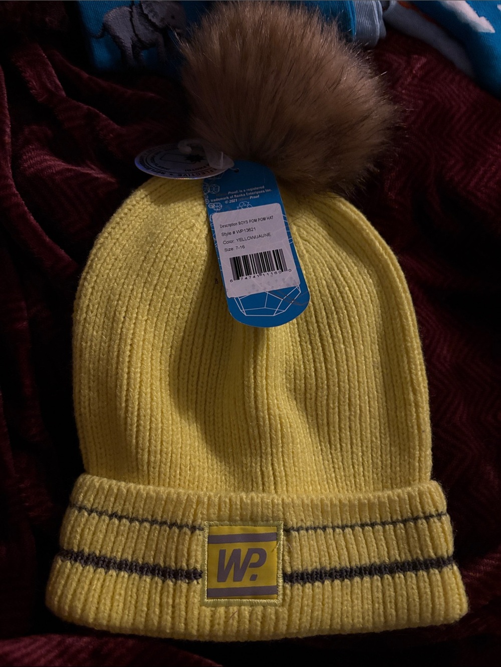 Kids Yellow Pom Pom Beanie with Patch